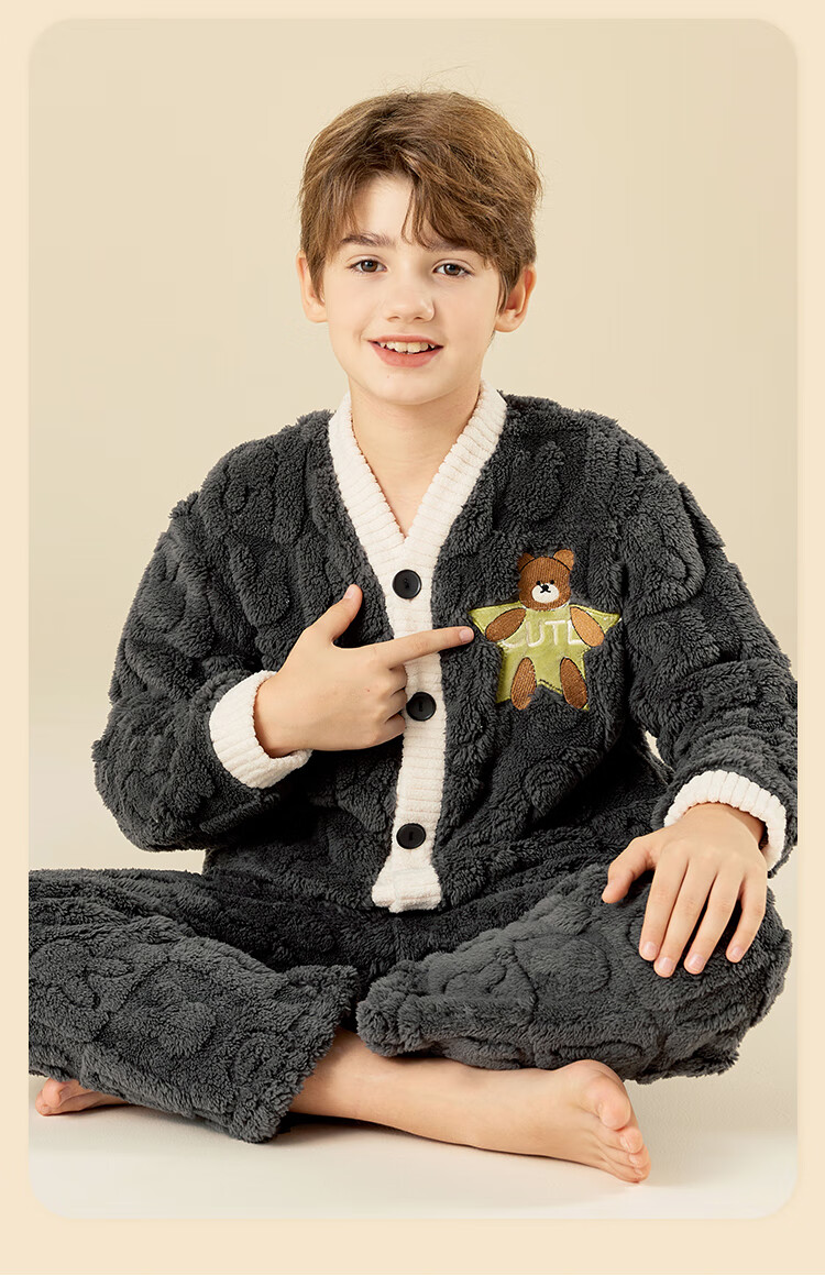 LangSha Fleece-Lined Thickened Flannel Children's Pajama Set Autumn Winter Boys Sleepwear Warm Clothes 17