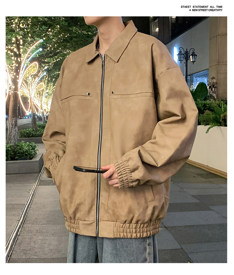 Warrior Men's Casual Leather Jacket Spring Autumn Loose Lapel Workwear Coat Gray XL 14