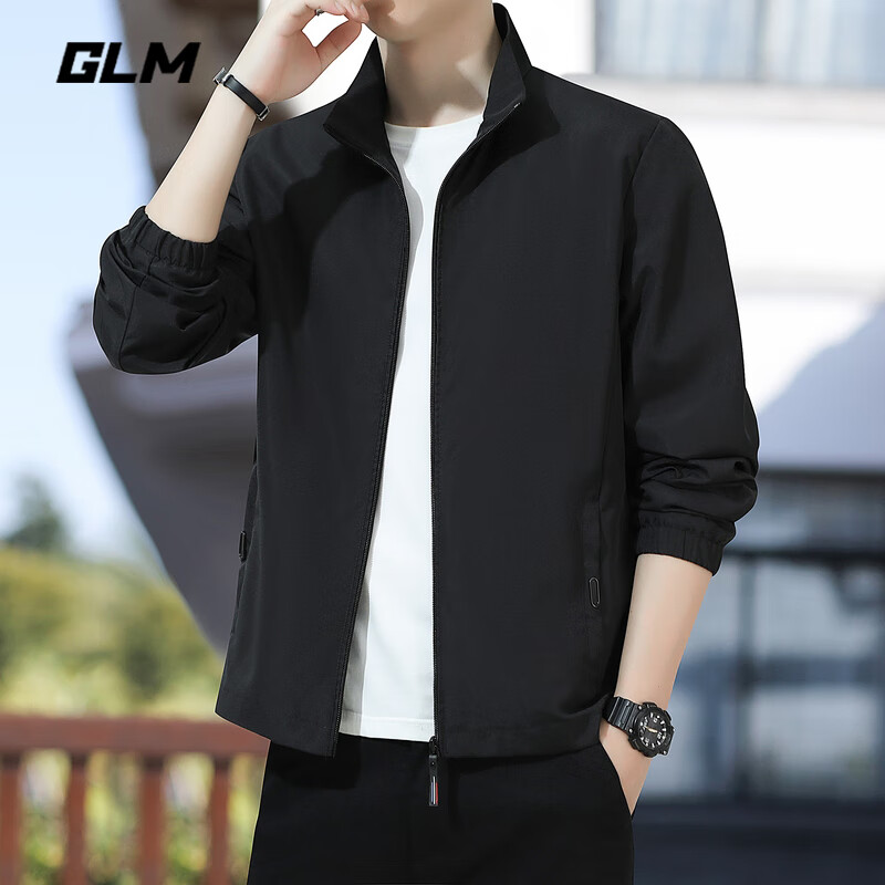 GLM Men's Spring Autumn Loose Jacket Stand Collar Windbreaker Casual Versatile Top Black 3XL