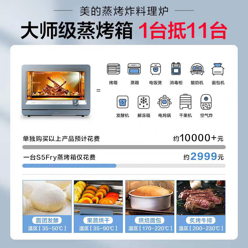 美的（Midea） 蒸烤箱一体机台式 蒸烤炸一体S5 fry 空气炸 热风循环 瀑流锁鲜蒸APP智控 PS3002W