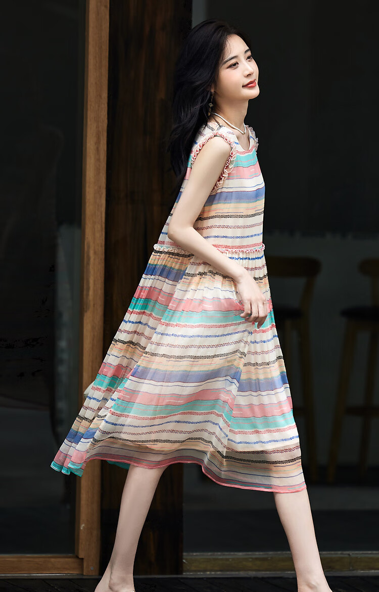 Dme [Independent Rose] Summer Vacation Style Mulberry Silk Striped Sleeveless Dress for Wome 5