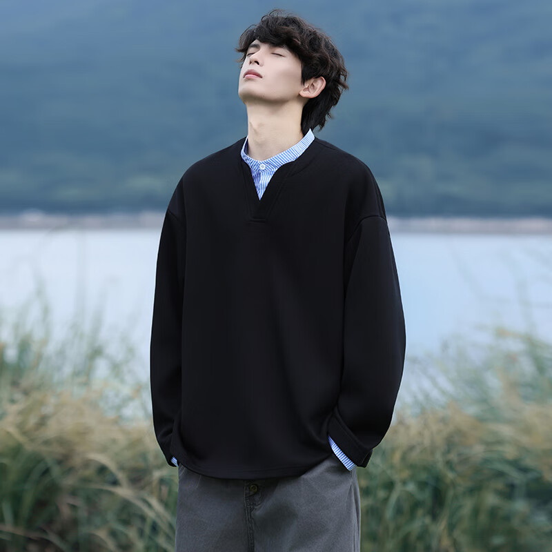 Homlean Men's Casual American Style Two-in-One Sweatshirt Autumn Loose Vintage Polo Shirt Versatile Top HP05 Ultimate Black L