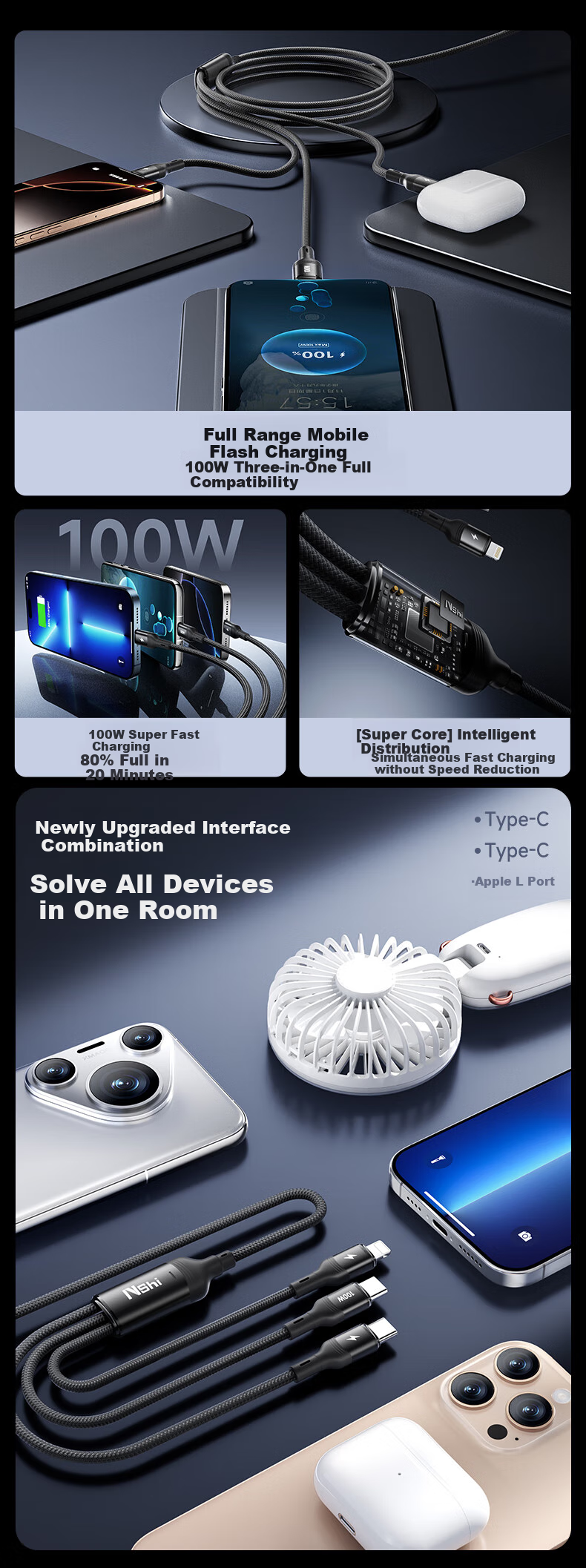 Nengshi Type-C Data Cable, Three-In Charging Cable, 100W Apple Fast Charge Compatible with IPhone17/16, Huawei Honor/Xiaomi, Car Charger C to 2C Three-In Cable, 1 Meter 2