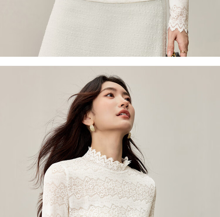Sentubila Semi-Turtleneck Floral Textured Lace Slim Fit Long Sleeve Top for Women Autumn Hollow Out Inner Layer Shirt 6