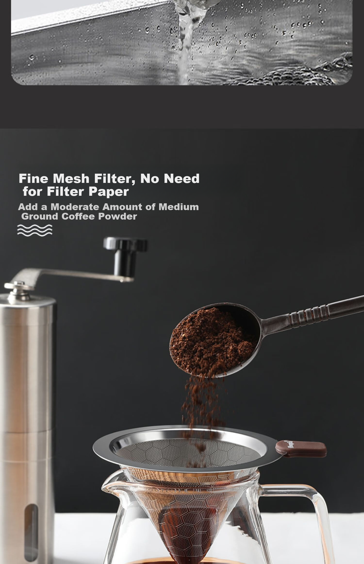 Mongdio Coffee Filter, Ultra-Fine Mesh, Stainless Steel Pour-Over Coffee Filter Cup, Paperless Coffee Filter, Coffee Grounds Funnel, 800 Mesh 9
