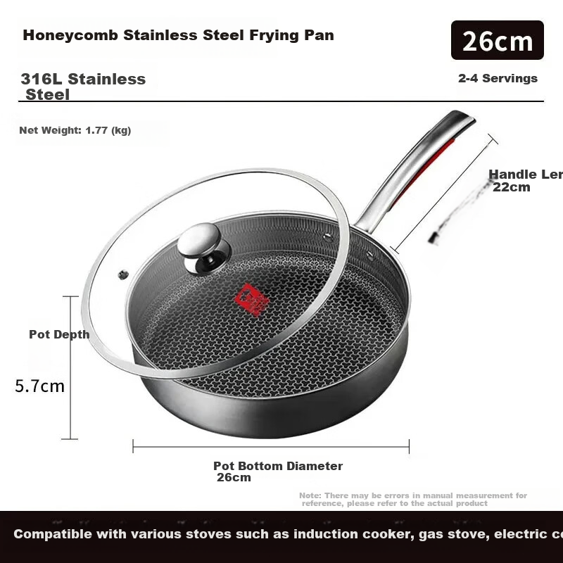 KBH Non-Stick Frying Pan, 316L Stainless Steel Skillet, 26cm Steak Griddle, Compatible with Induction And Gas Stoves, Includes Spatula