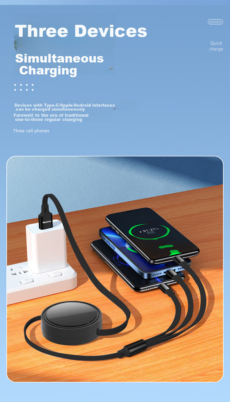 Newmine Charger Cable, Three-In Retractable Data Cable, Fast Charging 22.5W, One-To Apple Type-C Android Phone Car Charger, Supports IPhone 15-18 Phones And Tablets, Black 4