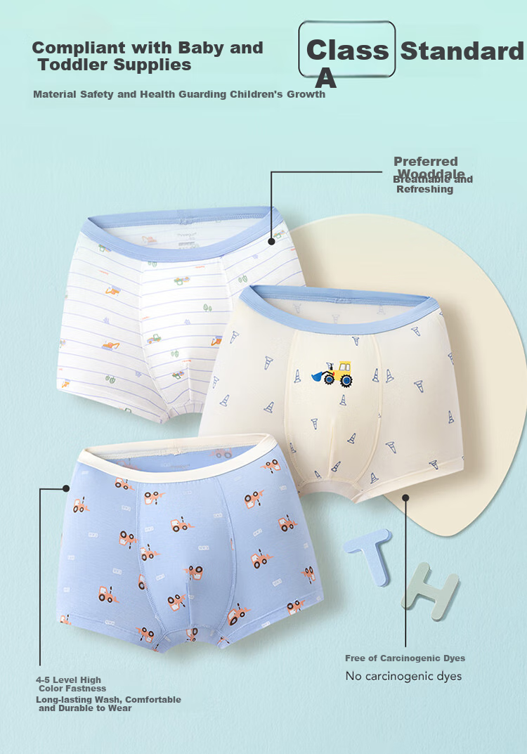 THREEGUN [Modal 5A Antibacterial] Children's Underwear, Class A Cool-Feel Boys' Boxer Briefs, Three-Pack Set, Car Combination, Size 120 3