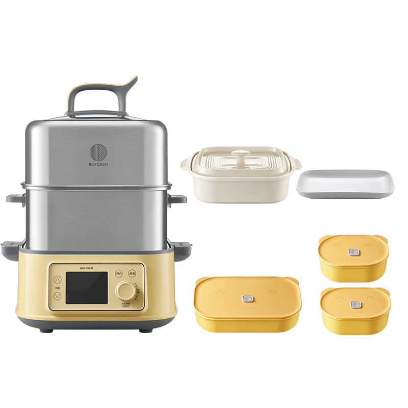 Buydeem Electric Steamer Household Stainless Steel 0-Coating Electric Stew Pot Large Capacity Multifunctional Steam Cooker [Premium Steam Pot] G76 Light Yellow + Steam Pot + Steaming Tray + Piggy Box