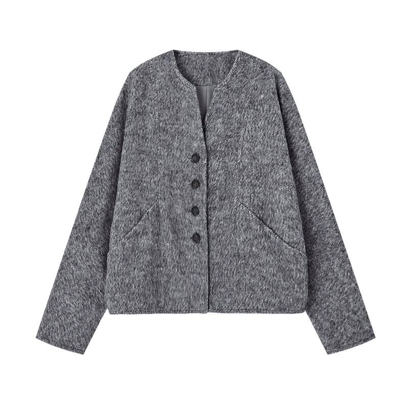 Demana Women's Winter Premium Minimalist V-Neck Faux Stone Pattern Batwing Sleeve Loose Short Coat with Warm Wool