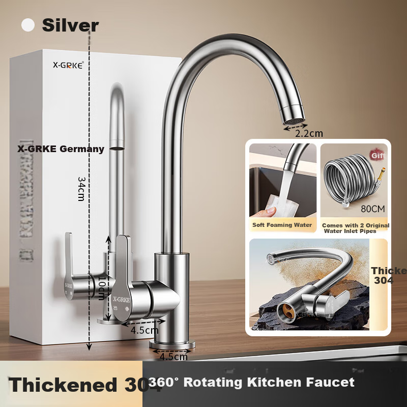 X-GRKE [Germany] Kitchen Faucet Hot And Cold Water Two-In 304 Stainless Steel Sink Faucet with 360° Rotation LR