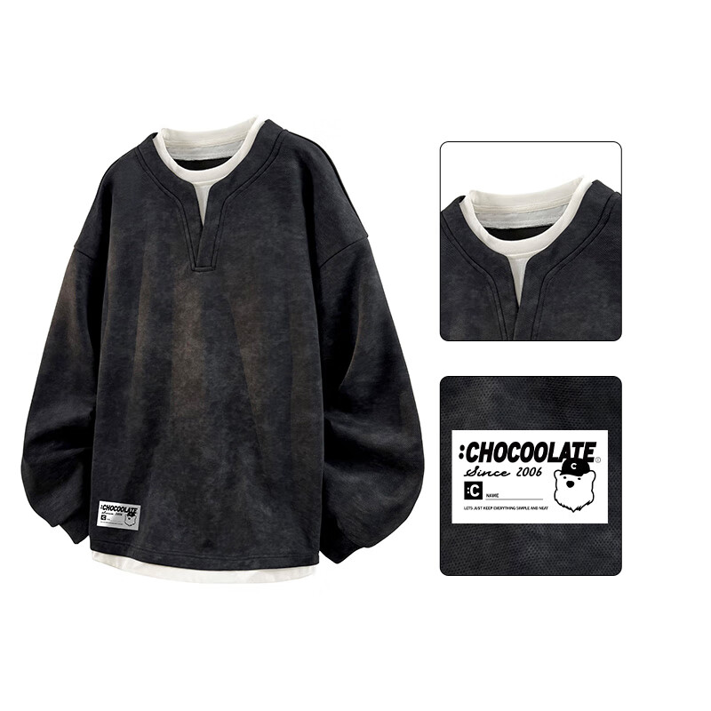 :CHOCOOLATE it Faux Two-Piece Hoodie for Men, Autumn New Style American Tie-Dye Long-Sleeve T-Shirt, Black, L