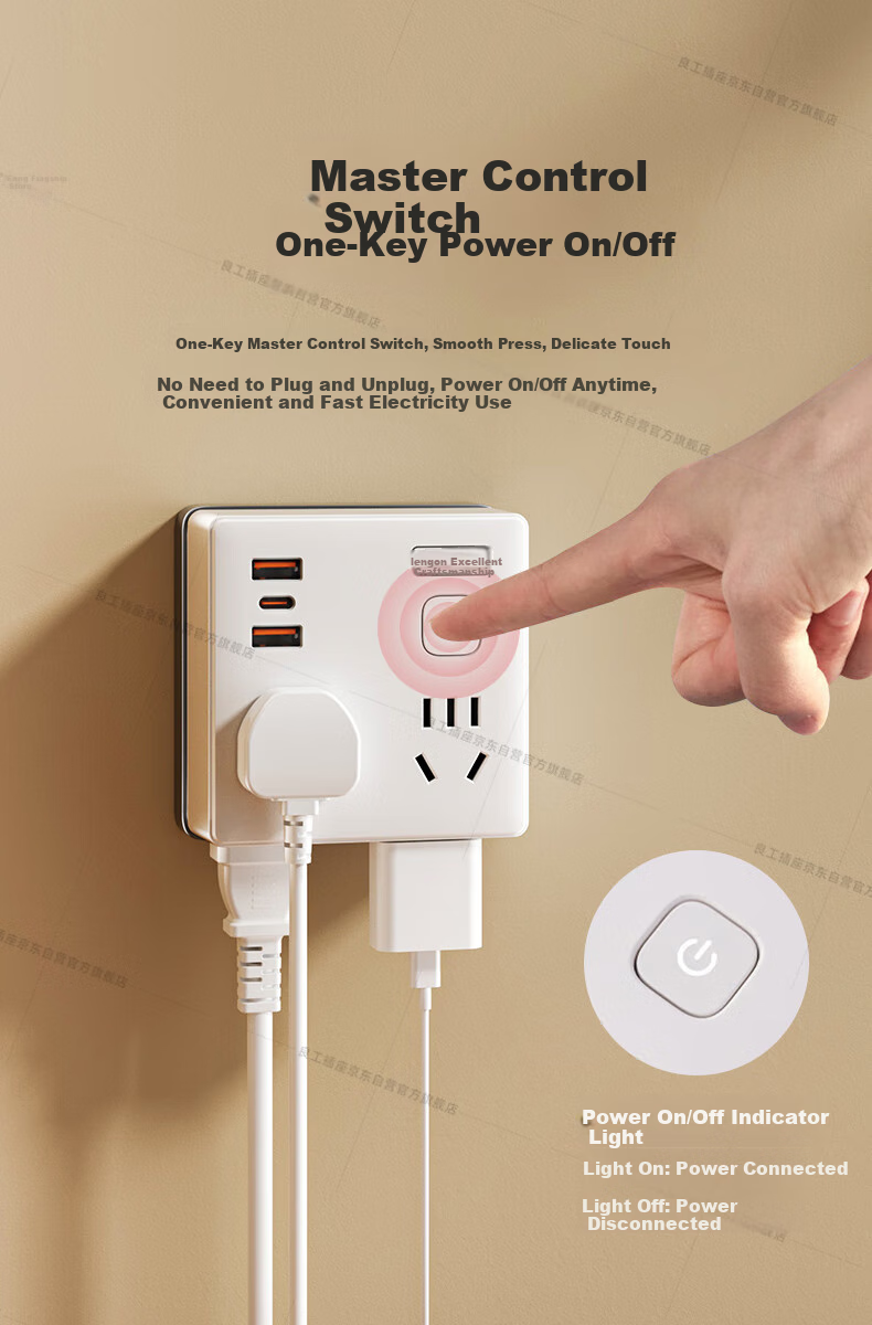 Lengon 86 Panel One-to-Multiple Ultra-Thin Socket Converter One-to-Two Socket Extension Multi-Functional Split Control Plug Desk PD30W Apple Fast Charging One-to-Four Adapter 4