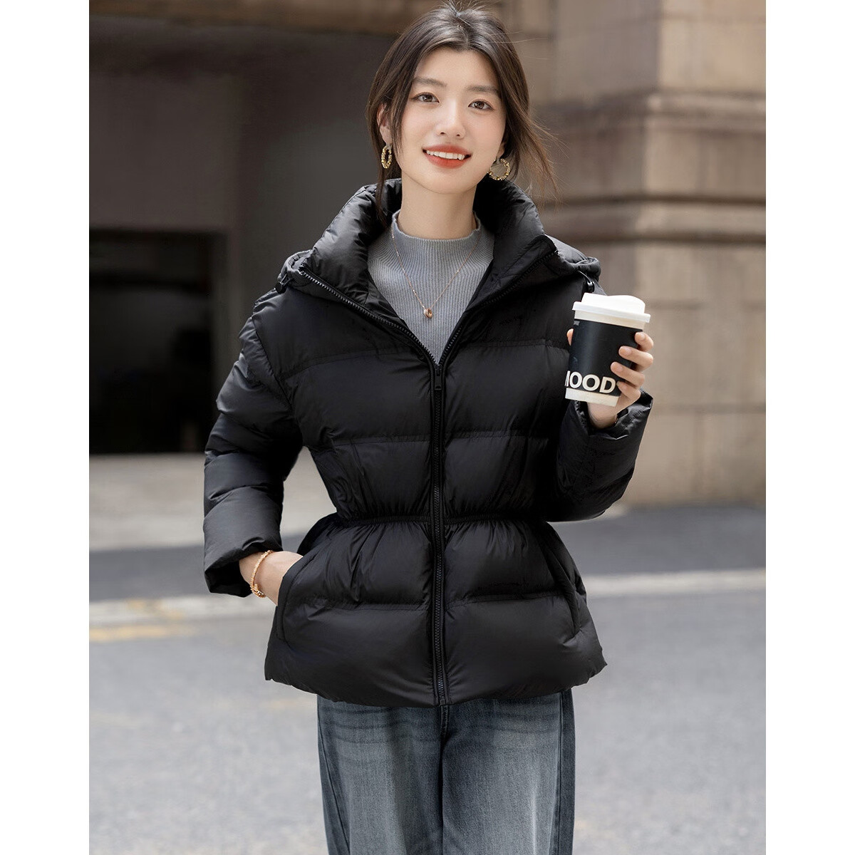 Dme [30D Air Doubt Rubber] Winter Volcanic Rock Infrared Heat-Retaining Antibacterial Hooded Elastic Waist Women's down Jacket
