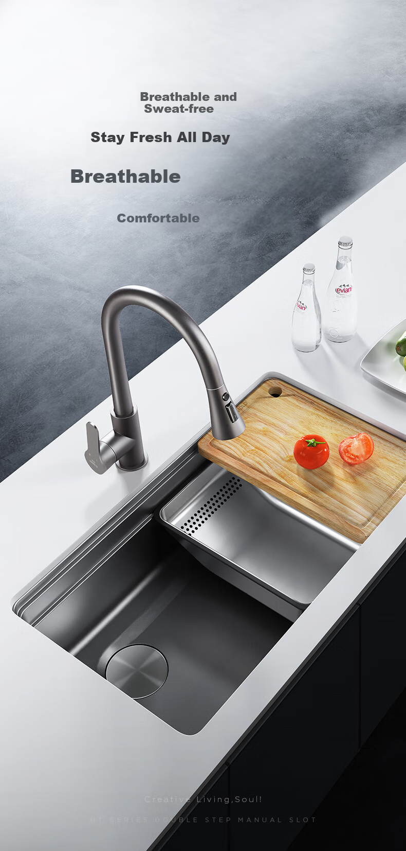 HIGOLD Kitchen Sink, Double-Step Black Titanium Nano 304 Stainless Steel Large Single Bowl, Vegetable Washing Basin, Dishwashing Sink, Faucet Set 1