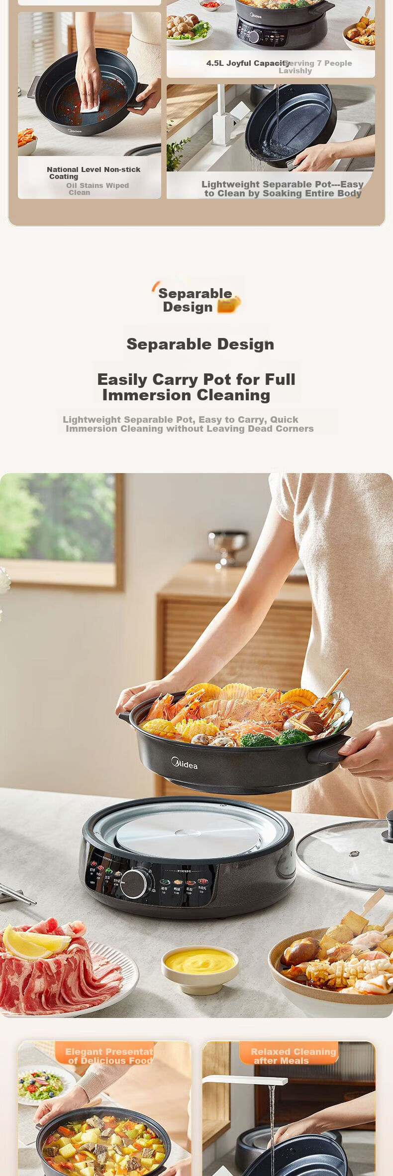 Midea Electric Hot Pot, 6L Capacity, Household Antibacterial Multi-Functional Cooker, Detachable Steamer, Deep 9CM, Suitable for Steaming, Boiling, Frying, Stir-Frying, Stewing, Braising, All-In Non-Stick Pan, Self-Operated 2