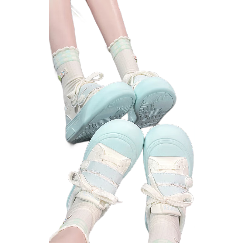 Renben Cute Magic Tape White Shoes Women Popular Ugly Cute Big Head Shoes Versatile Sneakers Blue (Leather) Size 39