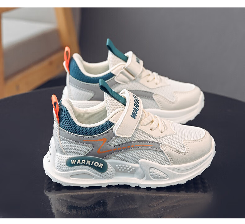 Warrior Boys' Sports Shoes Spring and Autumn Mesh Breathable Running Shoes WZ(CL)-0694 Beige/Grey/Green Size 35 2