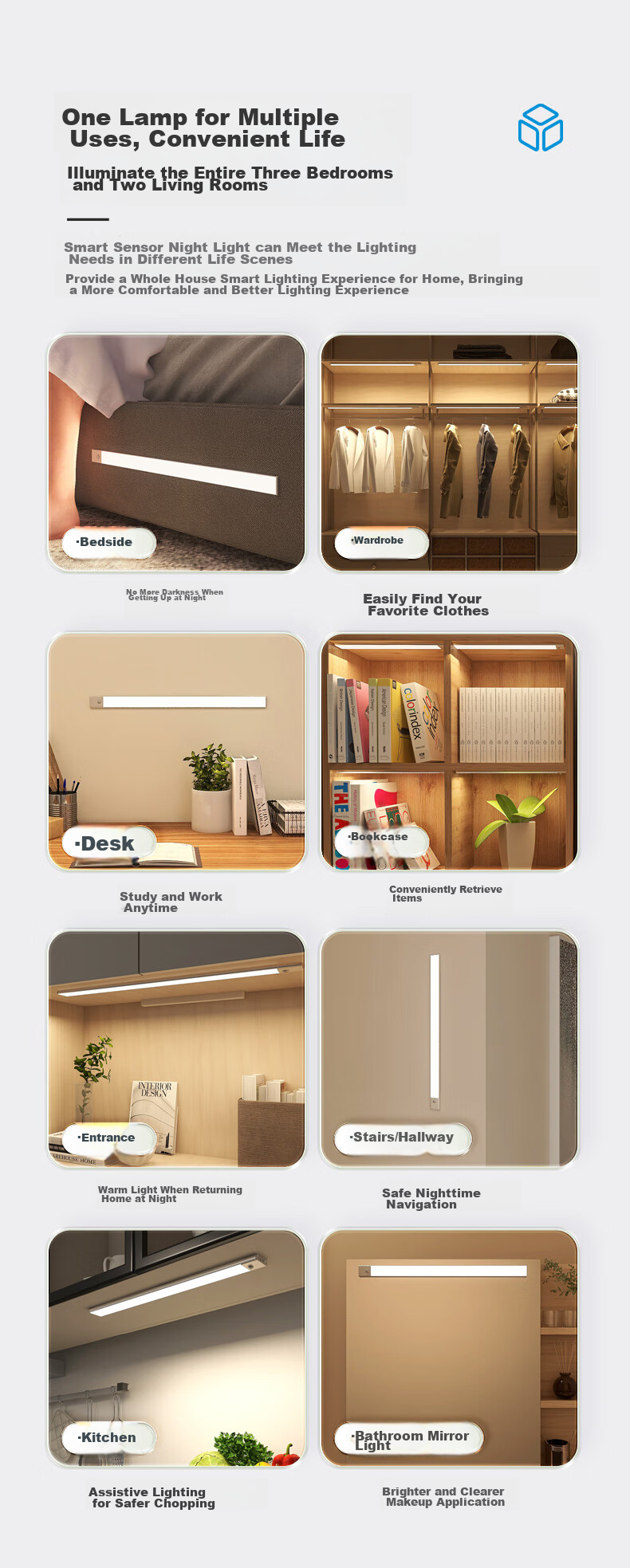 Midea Smart Sensor Light with Magnetic Rechargeable Cabinet Night Light for Wine Cellar Display Cabinet Entrance Hallway Night Light Bedside Mood Light 60cm 3