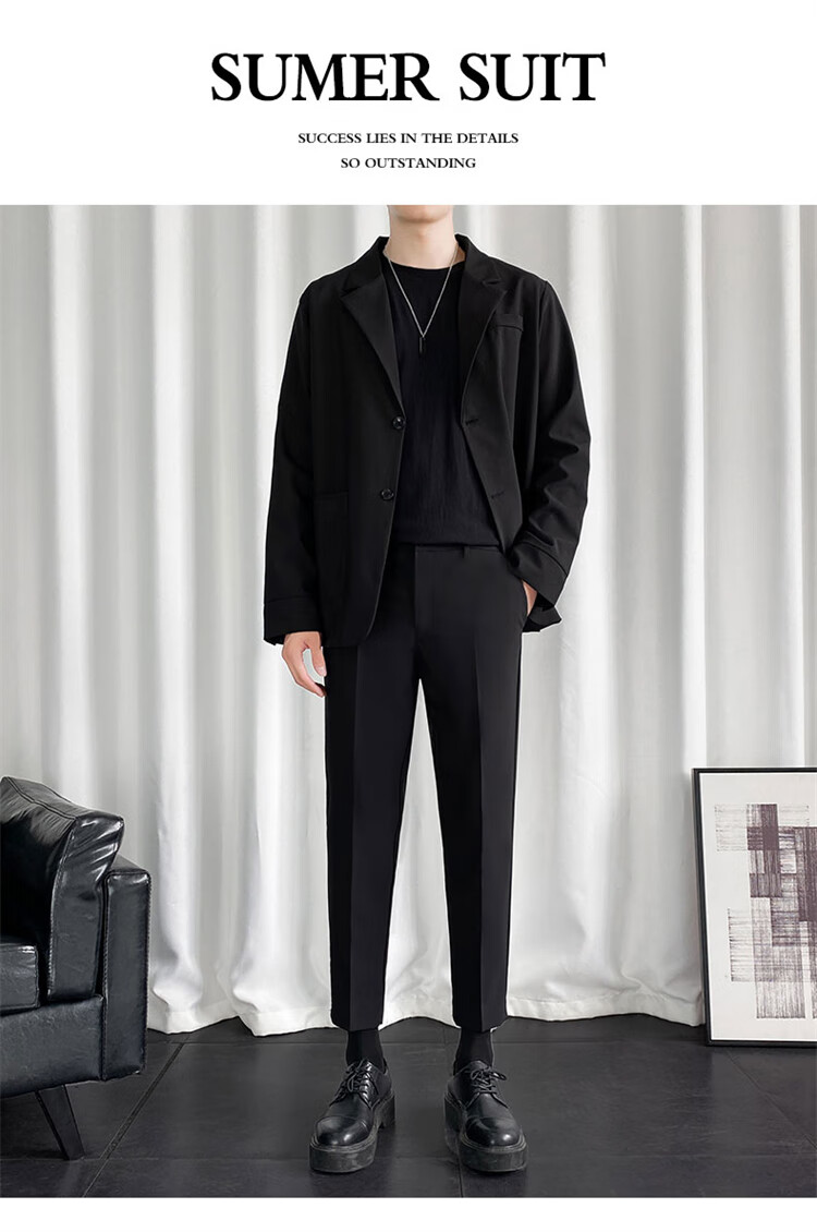 TUCANO Men's Suit Set Korean Style Fashion Two-Piece Business Casual Versatile Jacket and Comfortable Trousers Black XL 1