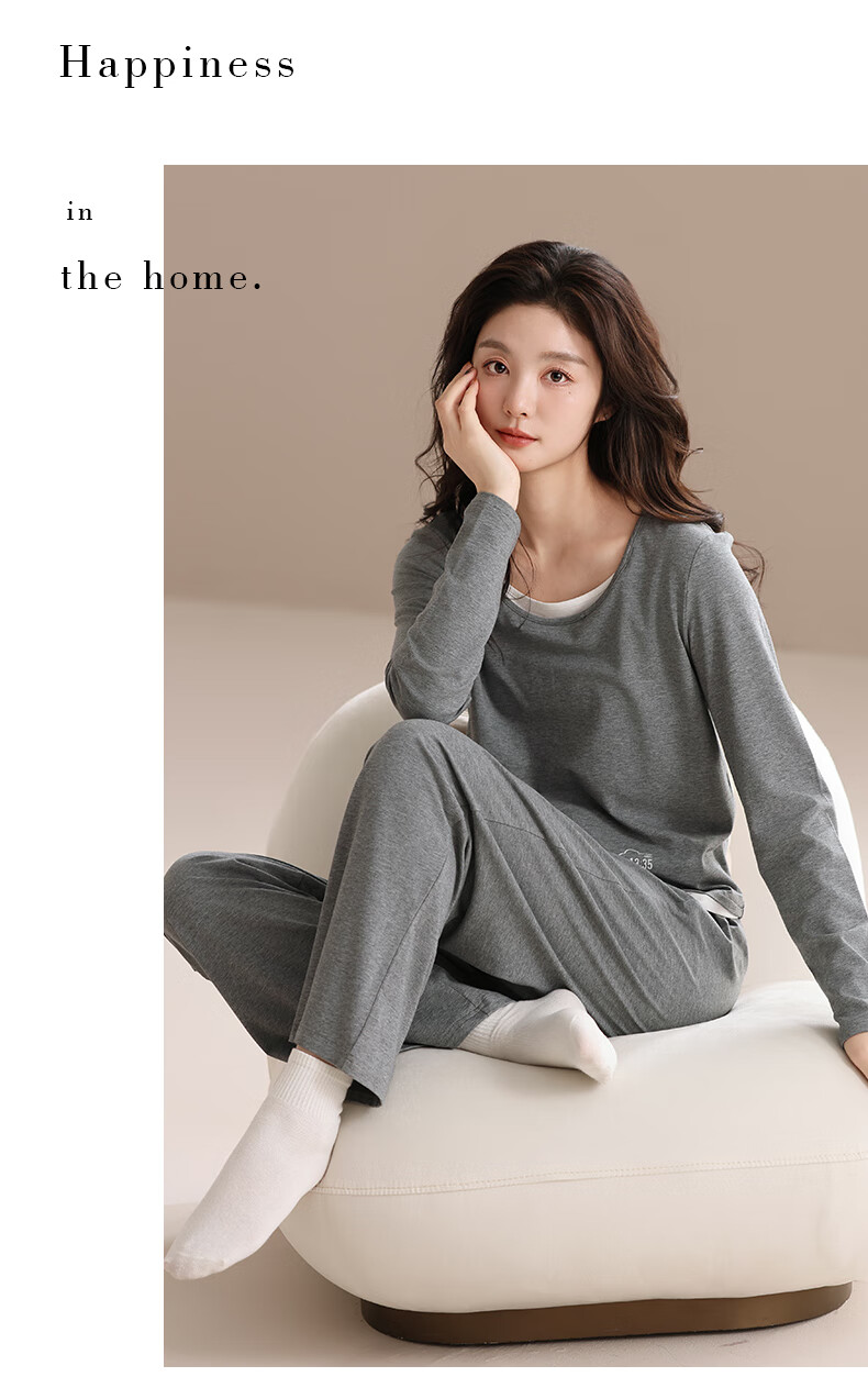 Yiershuang 100% Cotton Women's Sleepwear Spring Autumn Long Sleeve Round Neck Two-Piece Set Loose Homewear Suitable for Outdoor Wear 7