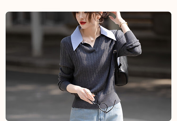 Demana【Contains Wool】Spring Autumn Smart Sensing Book Style Colorblock Stripe Spliced Lapel Knit Sweater Women Top 2
