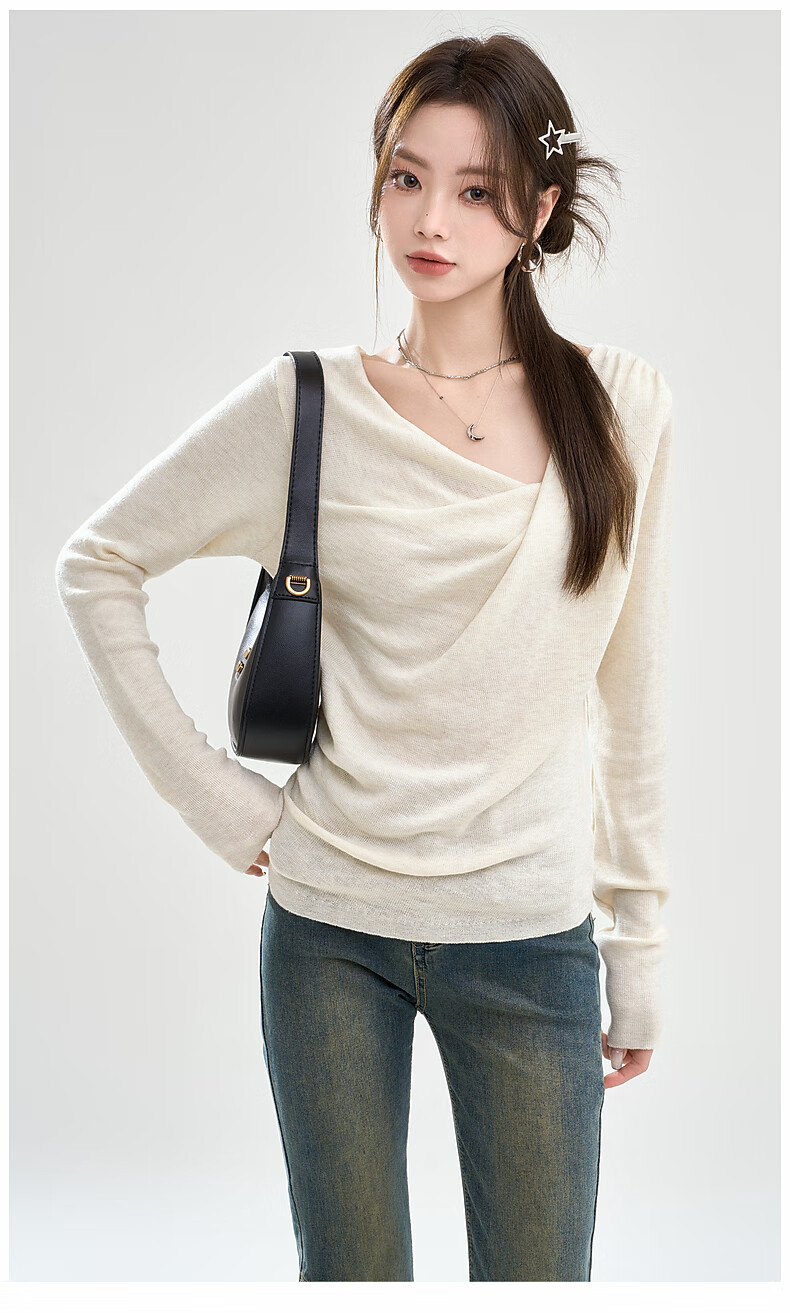 La Chapelle Women's Slim Fit V-Neck Pleated Knit Top T-Shirt in Apricot, Size S 12