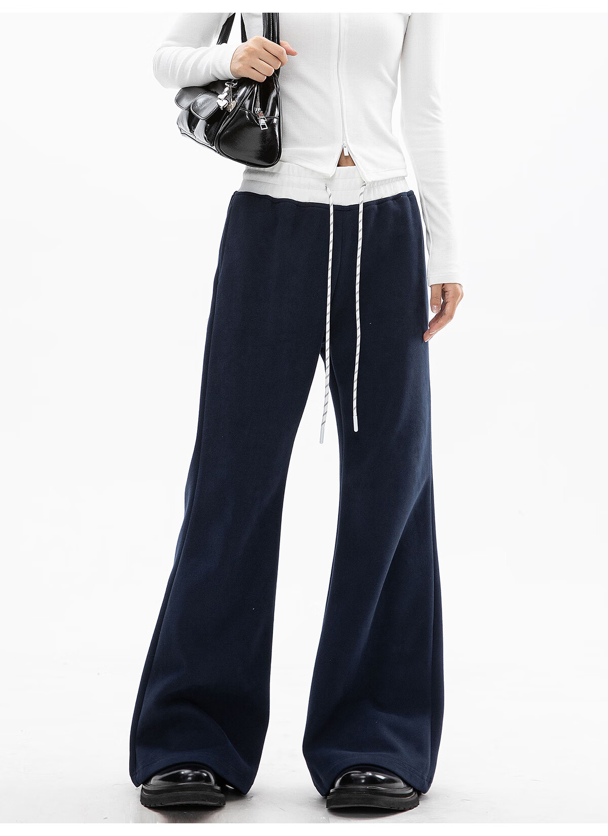 ICH MODE Women's American Style Flared Sports Pants Autumn Winter Straight Wide-Leg Casual Sweatpants BF Lazy Style Navy Blue S 12