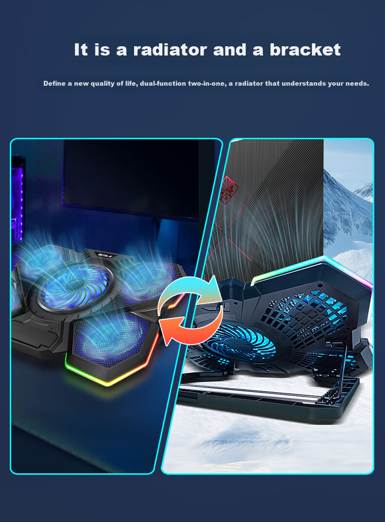 ECOLA Gaming Laptop Cooling Stand, Douzhanzhe Zhans7000 Gaming Five-Fan Cooler with Ten RGB Colorful Light Effects + 7 Adjustable Height Settings NBC-T907 BK 9