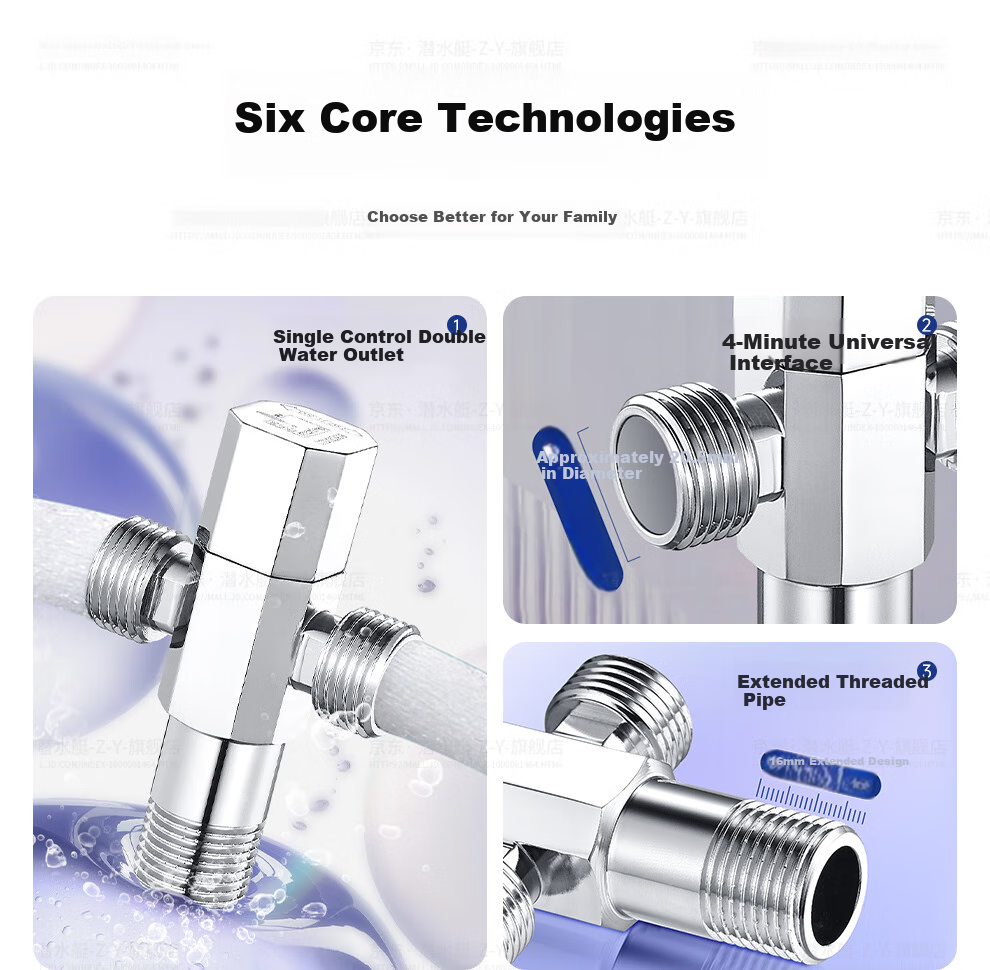 Submarine F402 1-In Three-Way Brass Chrome-Plated Angle Valve with Ceramic Valve Core 4