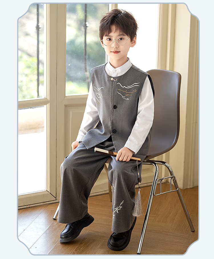 Carrot Beibei Children's Hanfu New Chinese Style Vest Set Boys National Style Embroidered Ceremony Performance Costume Black Long Pants Set Size 110 5