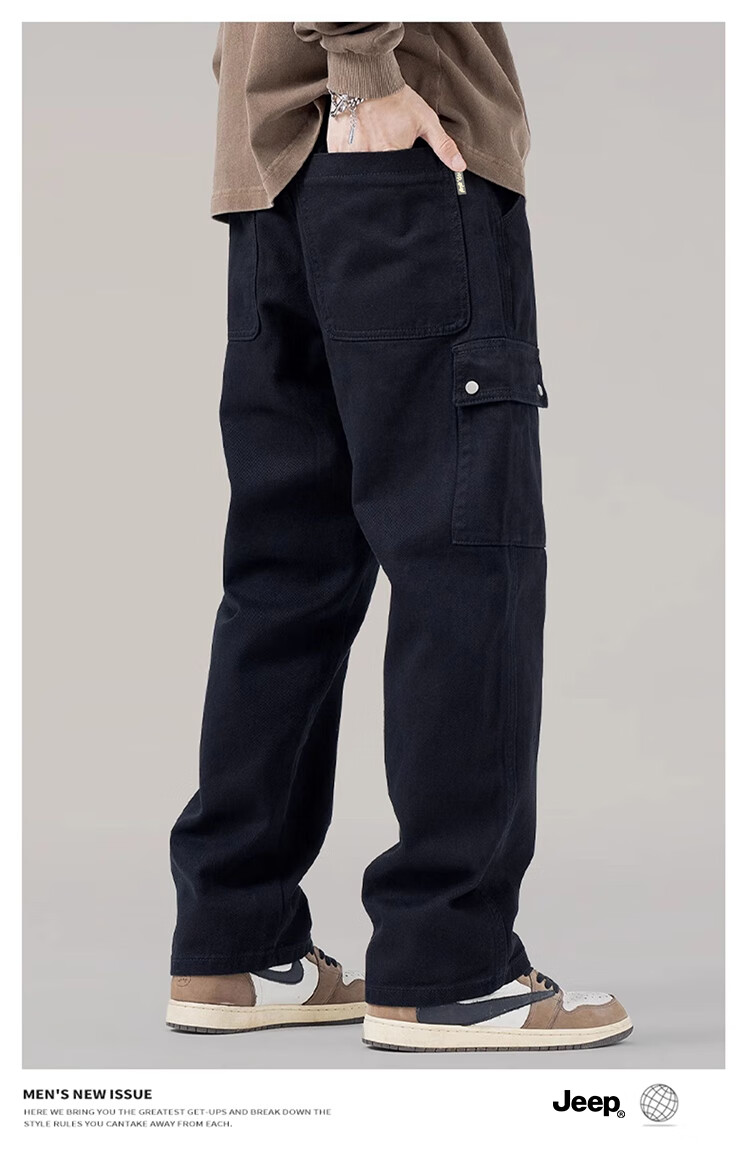 JEEP Men's Cargo Pants, Casual Straight-Leg Trousers, Spring And Autumn Trendy Loose-Fit Long Pants, Black, Size 31 6