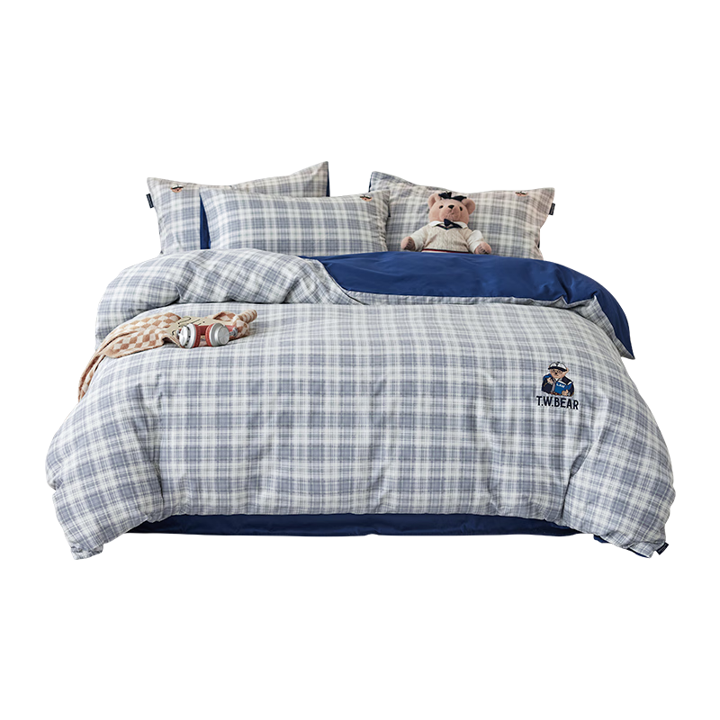 Teenie Weenie Bear 100% Cotton Single Duvet Cover A-Class Full Cotton 180x220cm Single Extra Large Gray Plaid Blue
