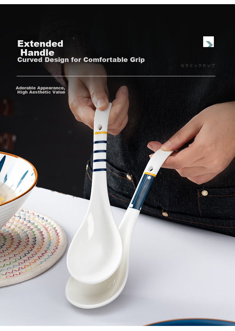 Onlycook Ceramic Soup Ladle And Rice Spoon, Large Dining Spoon Ceramic Tableware, Soup Spatula with Hole for Hanging, White Fruit Green Large Size 4