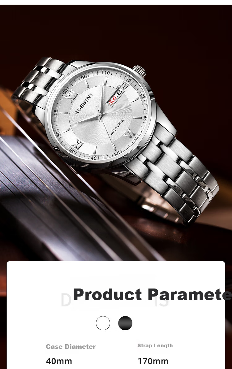 ROSSINI Men's Mechanical Watch, Birthday Gift, Business Casual Style with Black Dial And Steel Strap, Model 525701 12