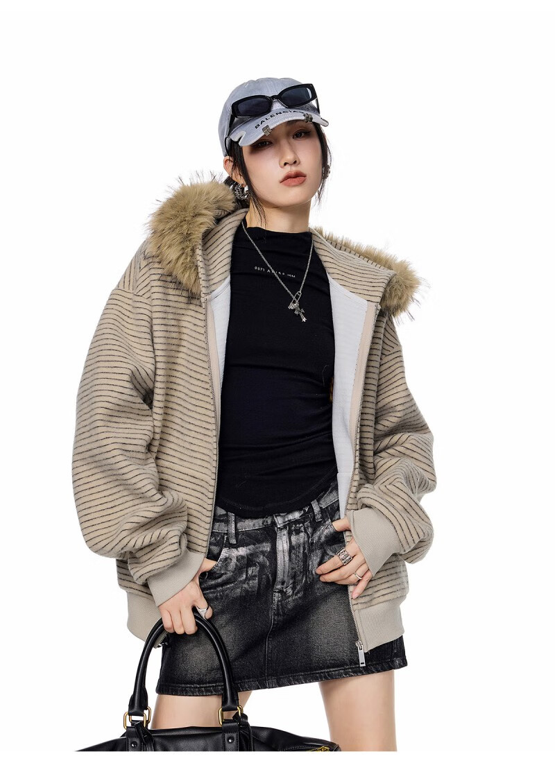 ICH MODE Women's American Style Hooded Striped Jacket with Fur Collar Autumn Winter New Zip-up Sweatshirt Cardigan Black M 27