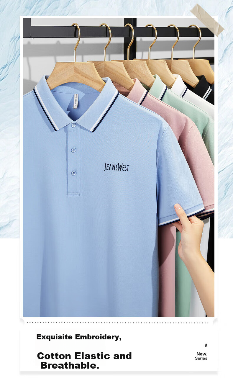 Jeanswest Short-Sleeve Polo Shirt for Men, Antibacterial, Summer 2026, Solid Color with Embroidered Logo, Men's Polo Shirt, Navy Blue, XL 2