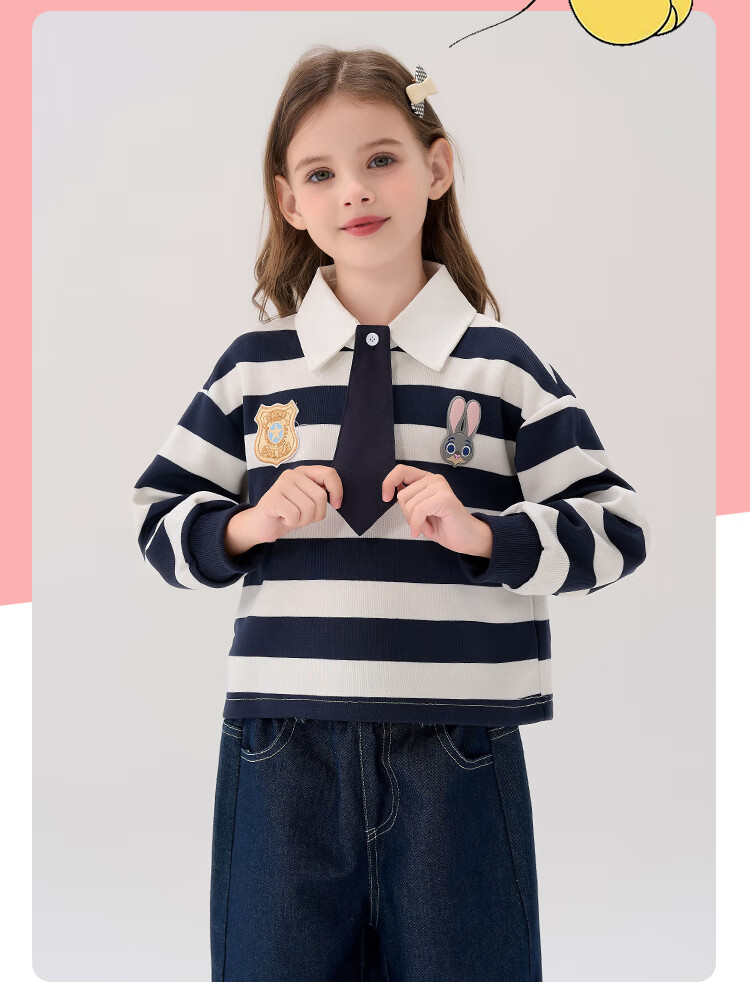 Dishini Zootopia Girls' Casual Long-Sleeve T-Shirt, 2026 Spring New Children's Polo Shirt, Striped Cartoon Top 6