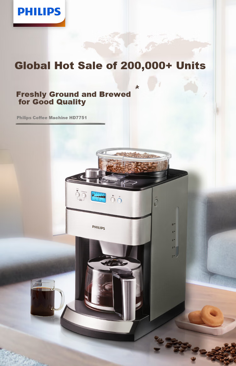 PHILIPS Fully Automatic Coffee Machine for Home Use, American-Style, Dual-Use for Beans And Grounds, Integrated Grinder, Freshly Ground, Practical Gift [HD7751] 1