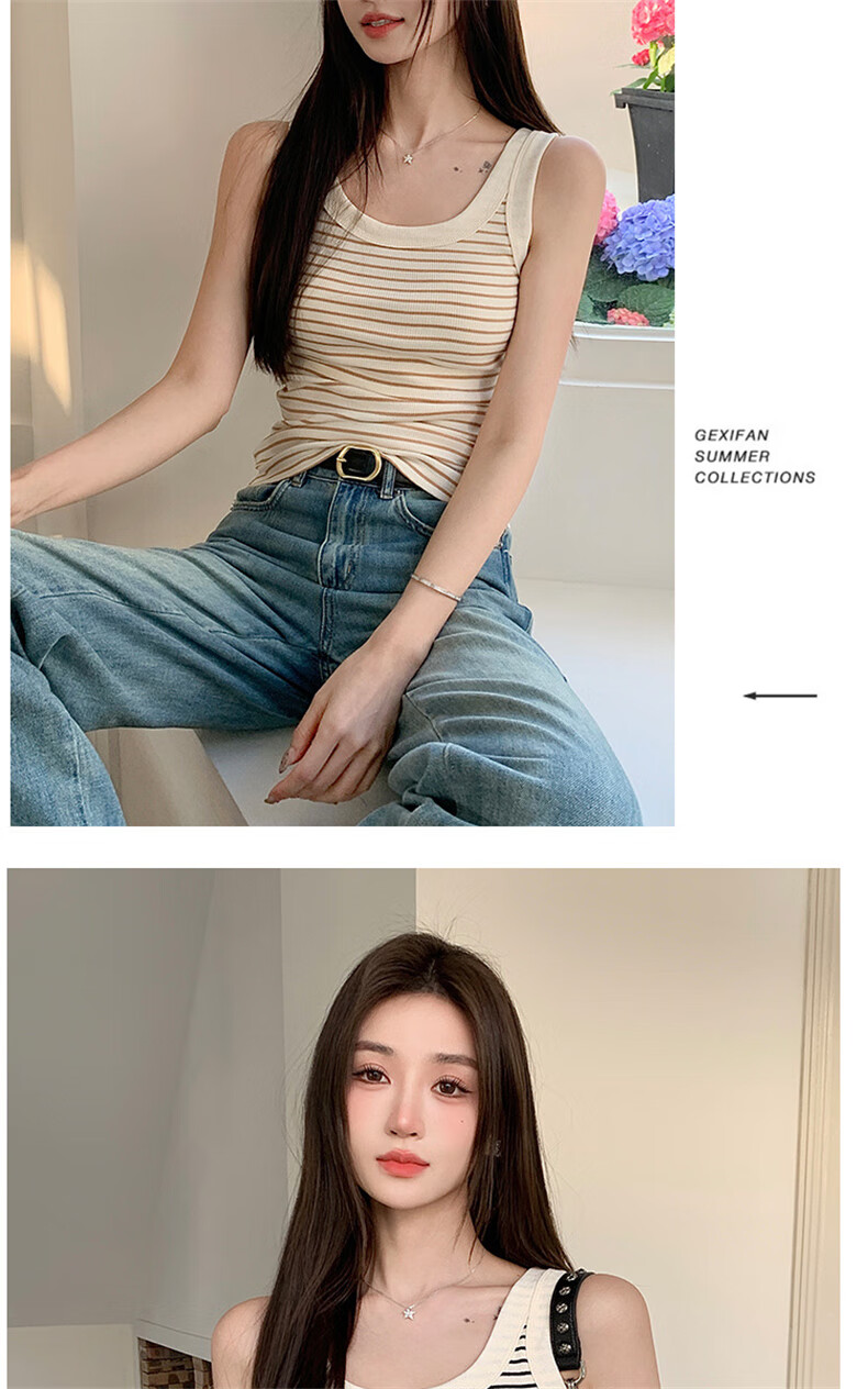 Langsha Women's Striped Slim Fit Vest New Sleeveless Knit U-Neck Tank Top Trendy Layering Shirt 13