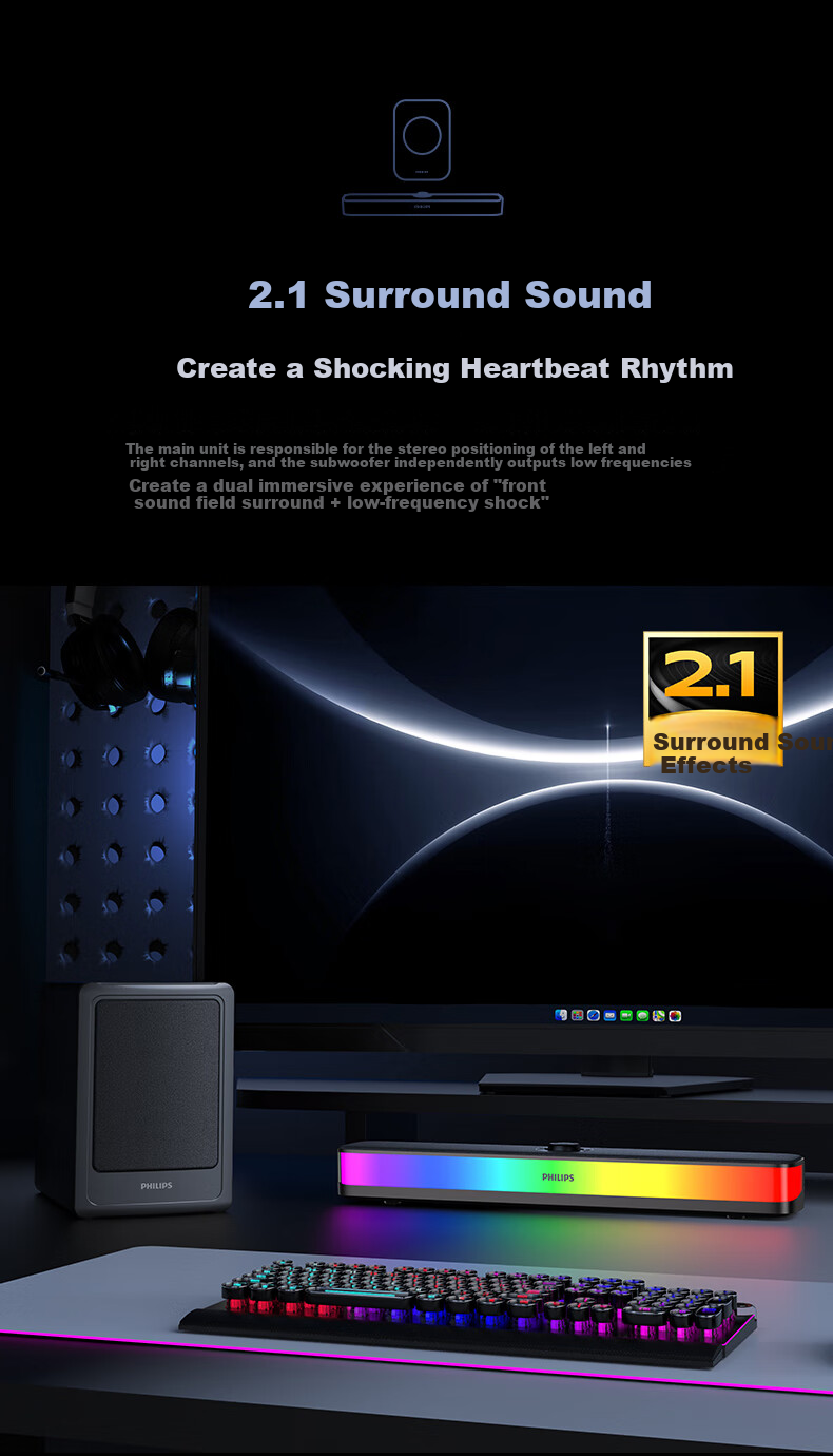 PHILIPS Bluetooth Speaker Computer Speakers Desktop Laptop HIFI 2.1 Multimedia Gaming Subwoofer Combo Set Delta Audio Gaming E-Sports Gift SPA6120 5