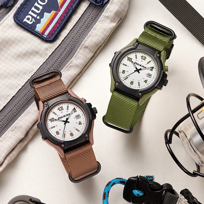 Dickies Men's Student Watch, Youth Watch for Middle And High School Students, Analog Exam Watch with Calendar, Luminous Nylon Strap, CL-593 Brow