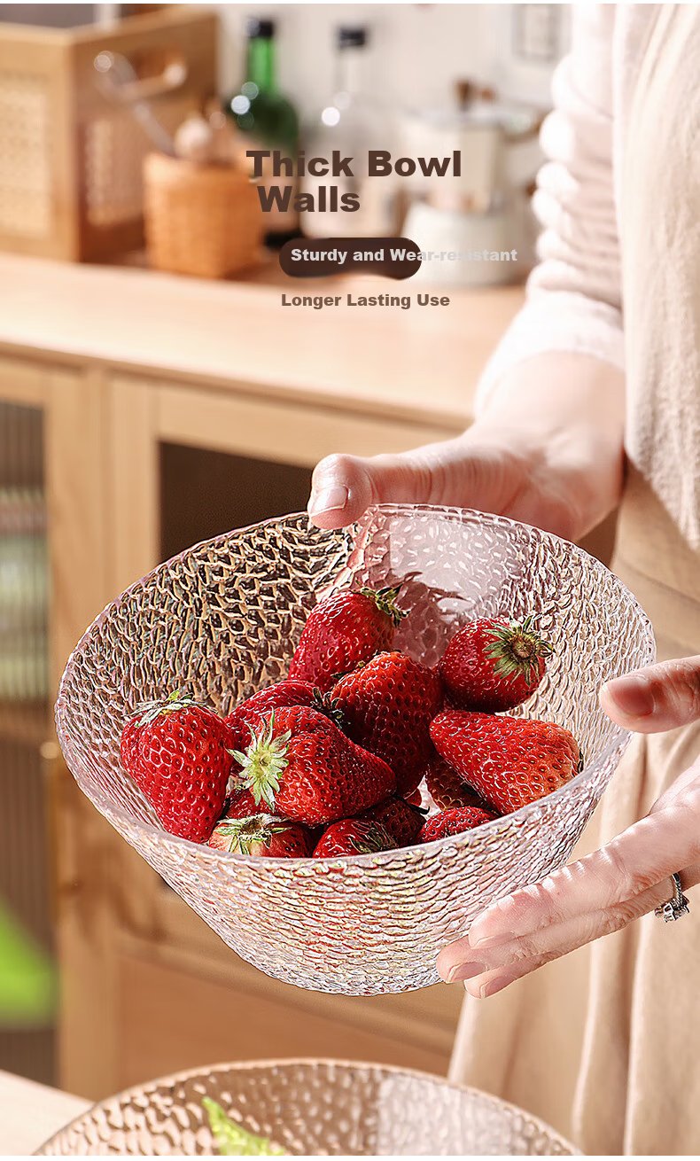 CRISTALGLASS Glass Salad Bowl, Hammered Texture Transparent Glass Bowl, Cold Dish Vegetable Fruit Plate, Dessert Bowl, Tableware, Large Size 1600ml 4