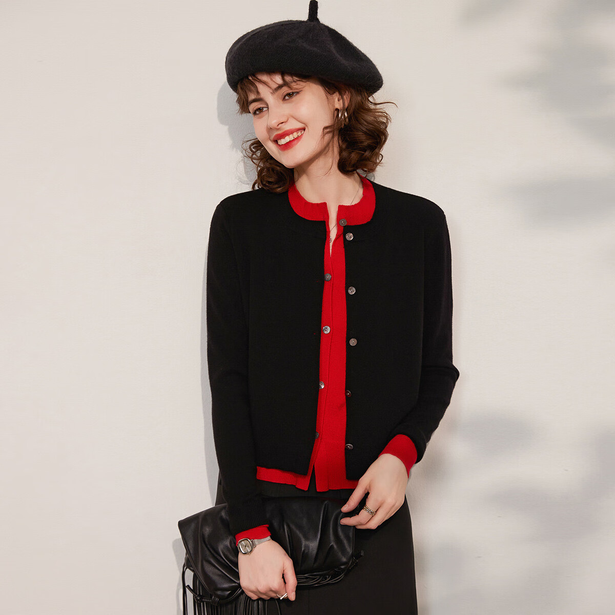 LOUISYAO Spring Autumn Two-Piece Colorblock Knit Round Neck Single-Breasted Long Sleeve Cardigan Women Black Red XL