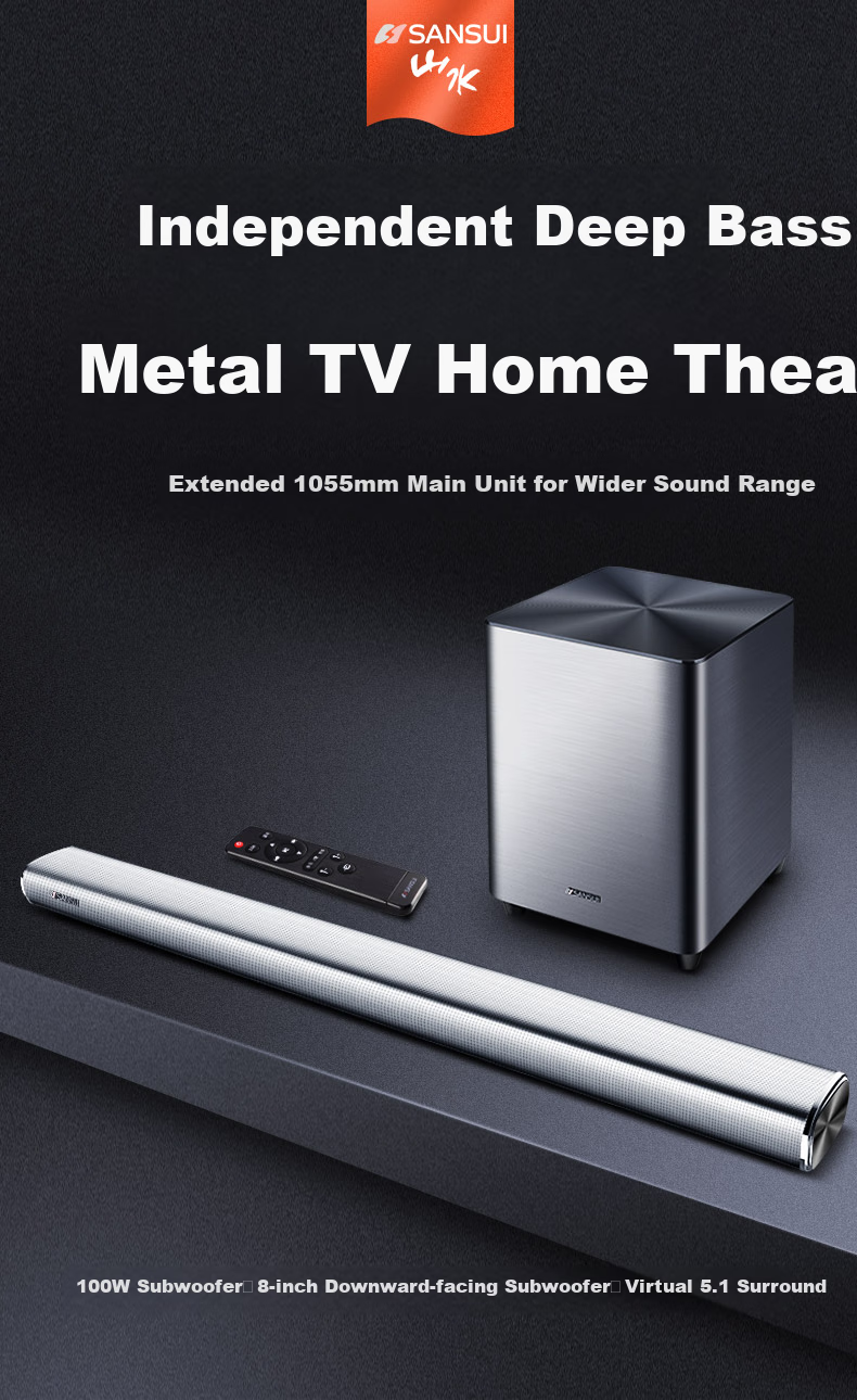 SANSUI DV-92A Soundbar Speaker, Home Theater System, Bluetooth Smart Speaker, Bar-Shaped Speaker, Wall-Mounted Speaker, Independent Subwoofer 3