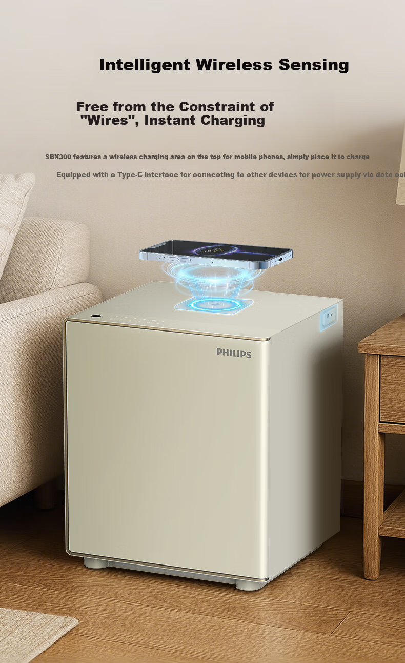 PHILIPS Safe, Home Bedside Cabinet-Style, Wireless Charging, Smart Alarm, Fingerprint Password Key, Office Safekeeping Box, Safe SBX300, Smoke White 5