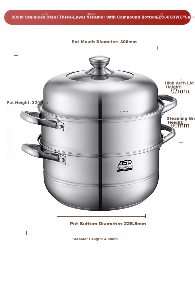 ASD Steamer Pot, 304 Stainless Steel, Three-Layer, for Home Use, Steaming And Cooking Soup Pot, Large Capacity 30CM Double-Layer Steamer, Compatible with Gas Stoves, G3 Model 21