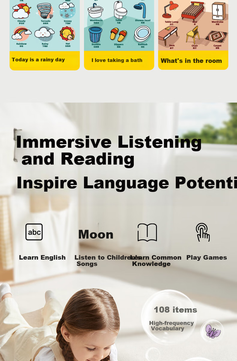 Babycare &BCTOYS Bilingual Early Learning Toy Book, English Enlightenment Children's Early Education Machine, Electronic Audio Book for Ages 1-3 - Yellow 3