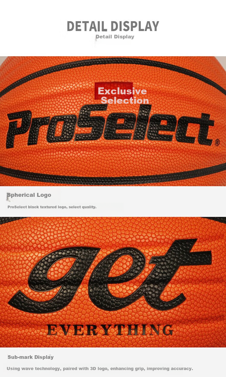 ProSelect Basketball, Size 7, Moisture-Absorbing PU Wave Pattern, Cement Court Wear-Resistant, Indoor And Outdoor Training And Competition Basketball, GB672GTV 15
