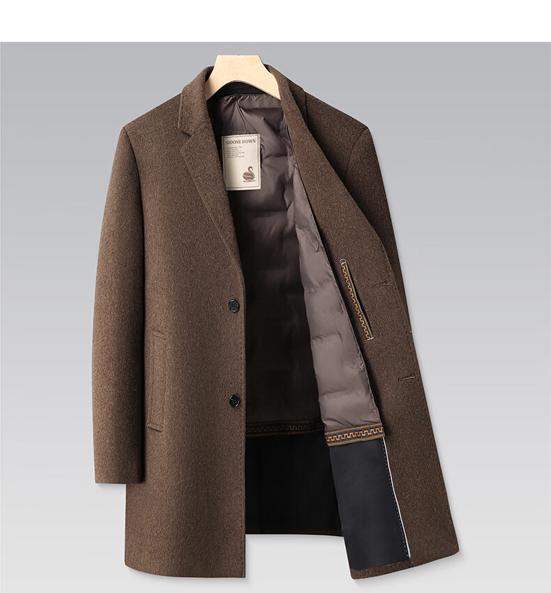 ROMON Men's Mid-Length Wool Cashmere Coat with Removable Goose Down Liner, Slim Fit, Autumn Winter 13